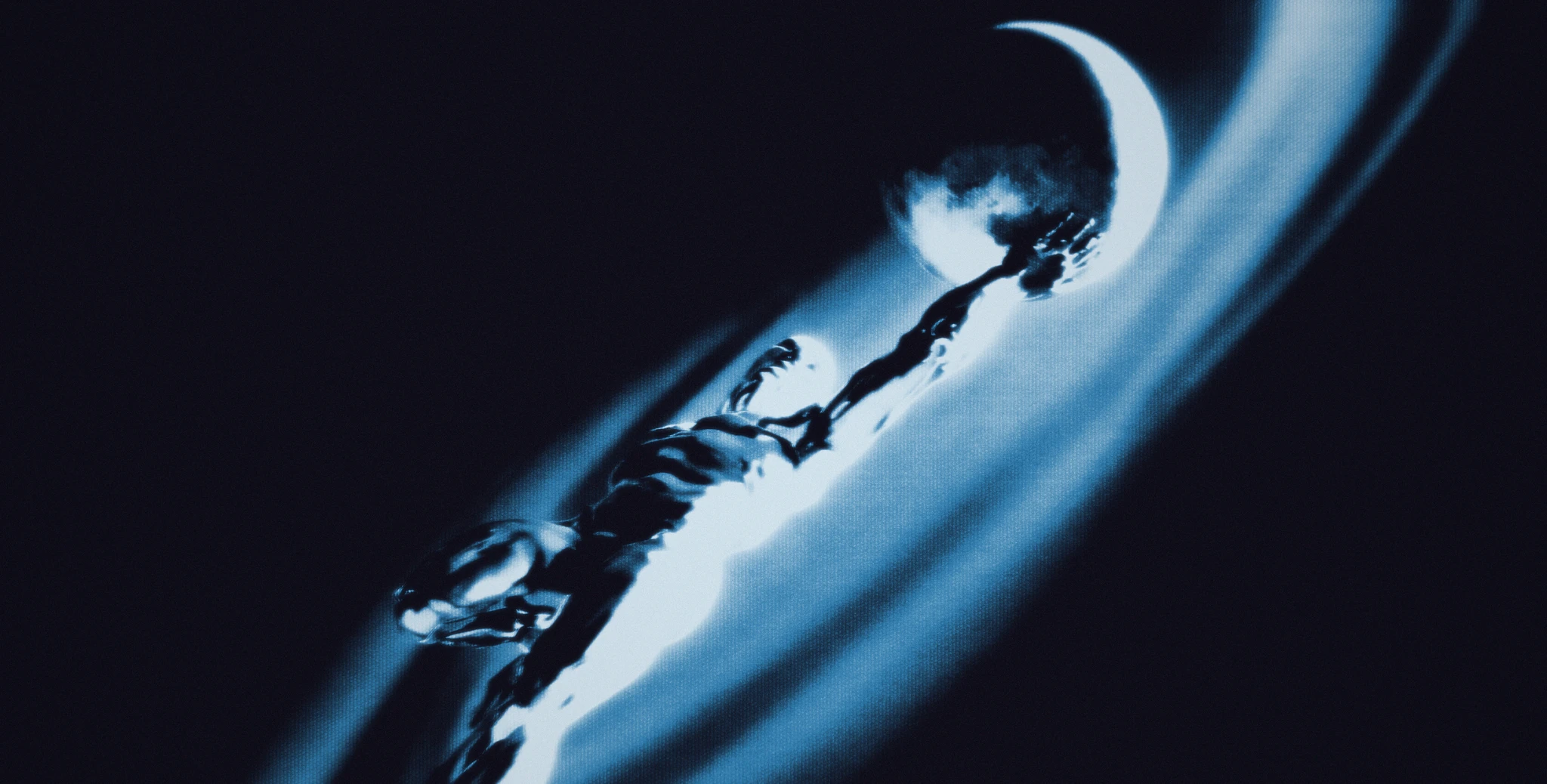 Grainy blue-toned illustration of a figure reaching toward a large cratered sphere, a sweeping wing-like form behind it